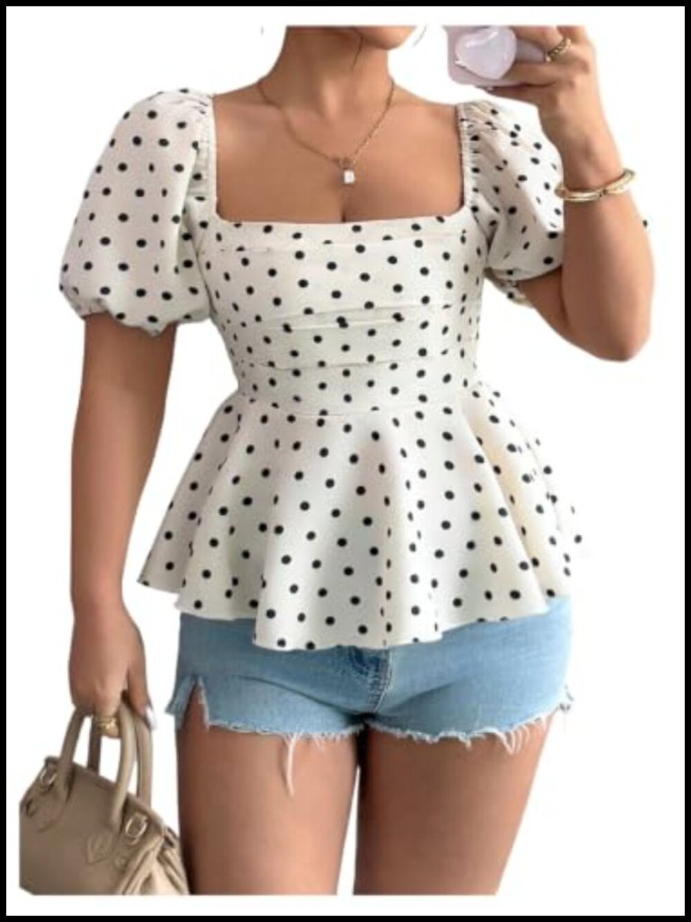 Plus Size Polka Dot Babydoll Blouse Puff Sleeve Peplum Top Tie Back
